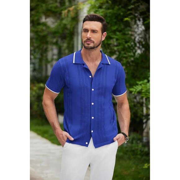 ❤️Men's Blue Button Down  Shirt Vintage Short Sleeve Shirts Casual Beach Tops - Picture 2 of 4